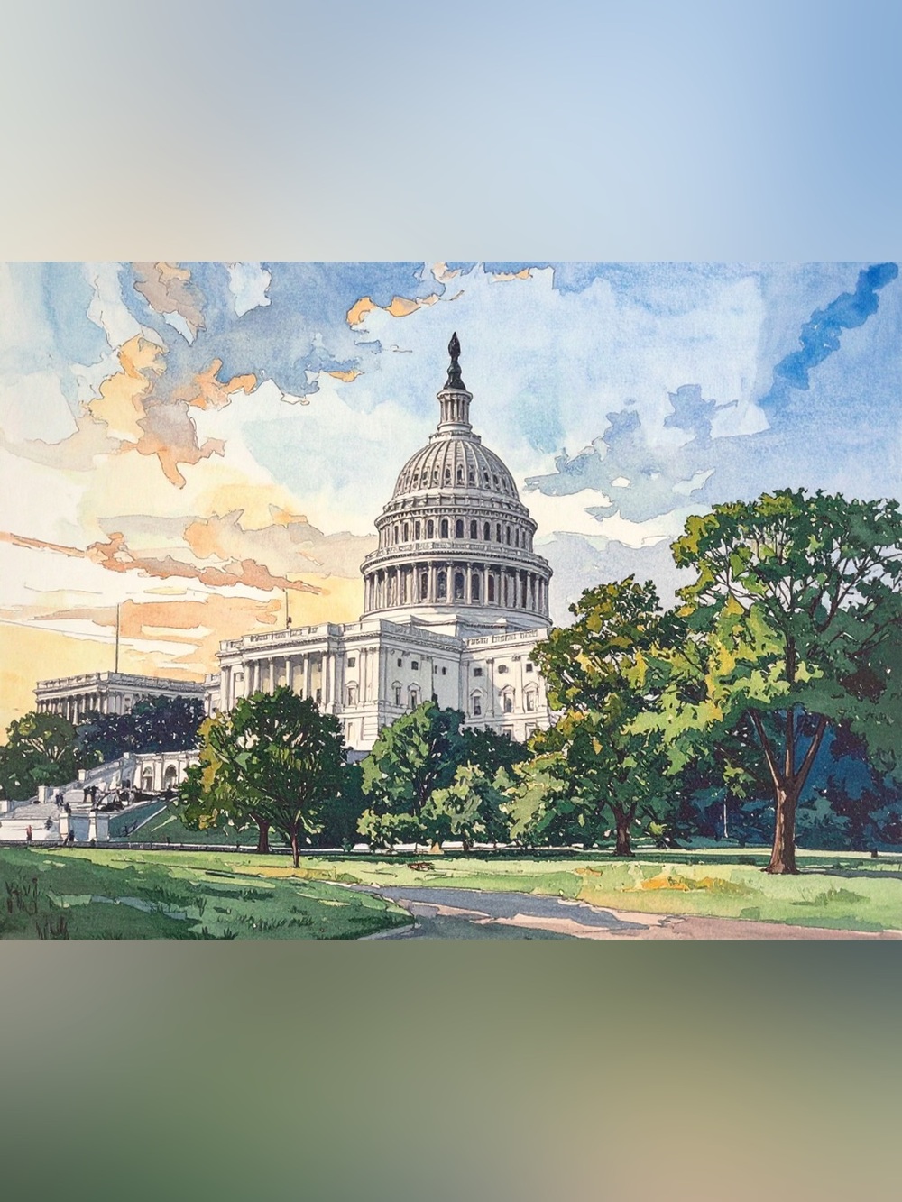 Capitol Building Watercolor Art Print in White and Green by